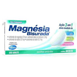 Magnésia Bisurada 63.7mg + 3.3mg + 521mg + 67mg Pastilha Sabor Menta - Blíster com 10 Pastilhas